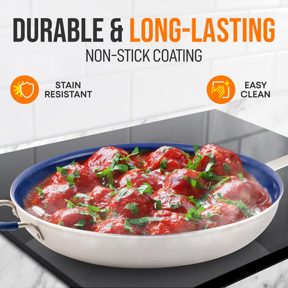 14" Nonstick Fry Pan with Lid - Easy Clean Ceramic, Blue Silicone Handle