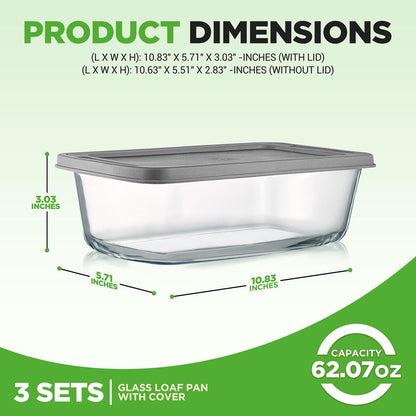 6-Piece Glass Loaf Pan Set - Airtight Lids, Stackable, Oven Safe, Clear