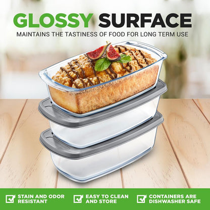 6-Piece Glass Loaf Pan Set - Airtight Lids, Stackable, Oven Safe, Clear