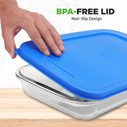 8-Piece Glass Bakeware Set, Stackable, Borosilicate, Blue Lids
