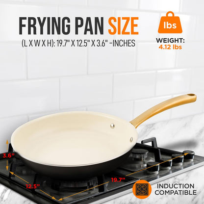 12" Non-Stick Frying Pan, Even Heat, Ceramic Coating, Golden Handle