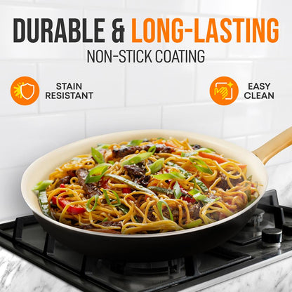 12" Non-Stick Frying Pan, Even Heat, Ceramic Coating, Golden Handle