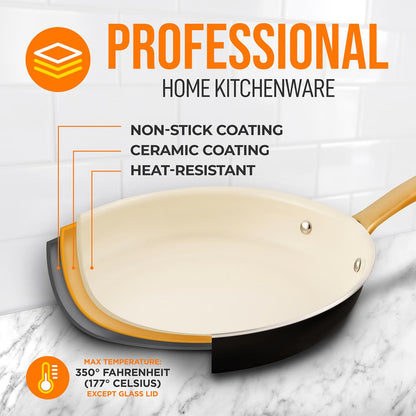 12" Non-Stick Frying Pan with Lid, Even Heat, Golden Titanium Handle