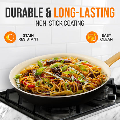 12" Non-Stick Frying Pan with Lid, Even Heat, Golden Titanium Handle
