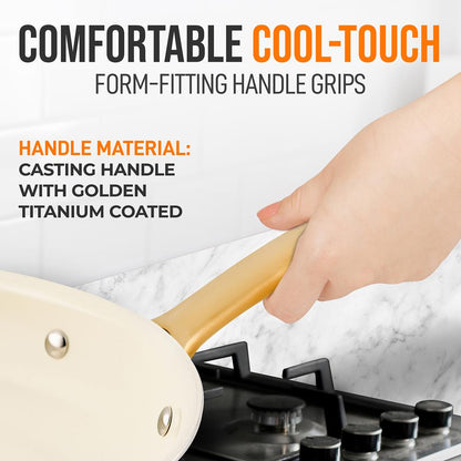 14" Non-Stick Fry Pan with Lid, Golden Titanium Handle, Easy Clean