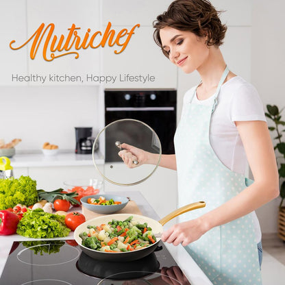 14" Non-Stick Fry Pan with Lid, Golden Titanium Handle, Easy Clean