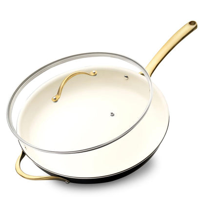 14" Non-Stick Fry Pan with Lid, Golden Titanium Handle, Easy Clean