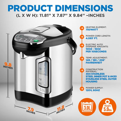 Electric Water Boiler 3L Instant Heat Stainless Steel