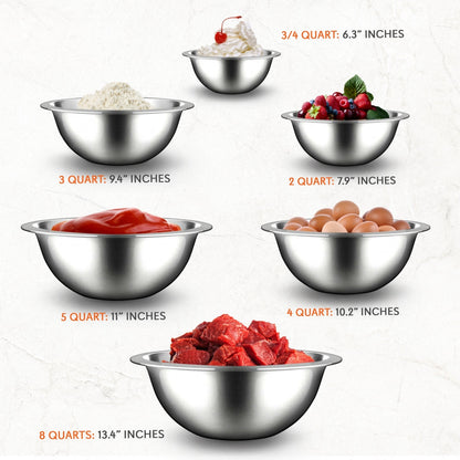 6-Piece Stainless Steel Mixing Bowls Set - Stackable, Dishwasher Safe