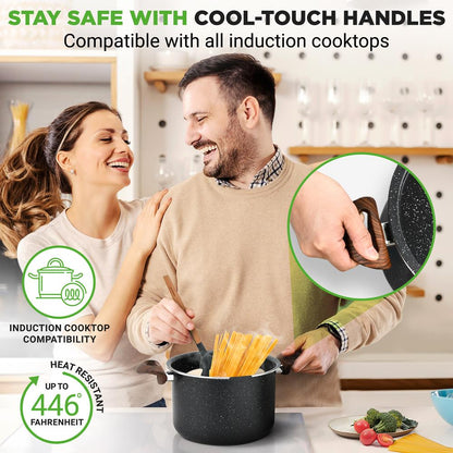 5qt Non-Stick Pasta Pot with Strainer Lid & Fork, Even Heat, Black Marble