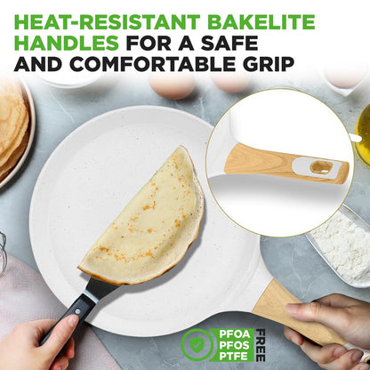 11" Non-Stick Crepe Pan, Easy Clean Marble Coating, White Cream Marble