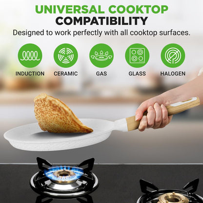 11" Non-Stick Crepe Pan, Easy Clean Marble Coating, White Cream Marble