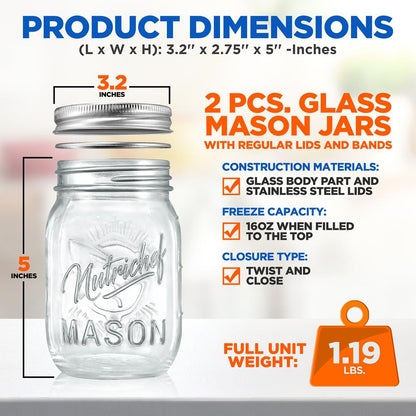 Mason Jars 2-Pack 16 oz - Airtight Seal, Thick Glass, Silver Lids