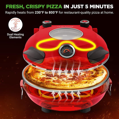 Electric Pizza Oven, Precise Cooking, Non-Stick Stone, Red