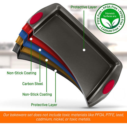 2-Piece Nonstick Baking Pan Set, Even Heat, Carbon Steel, Red Handles