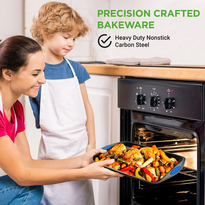 3-Piece Nonstick Baking Pan Set, Carbon Steel, Blue Handles, Gray
