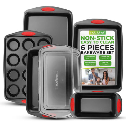 6-Piece Nonstick Bakeware Set - Easy Clean Carbon Steel, Red Handles