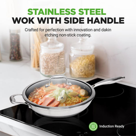 12" Stainless Steel Wok - Quick Heat, Non-Stick, Scratch-Resistant