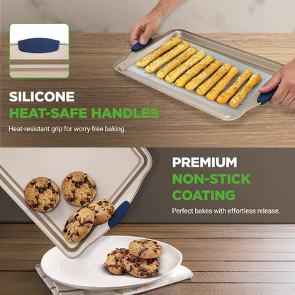 3-Piece Nonstick Bakeware Set - Easy Clean Carbon Steel, Blue Handles