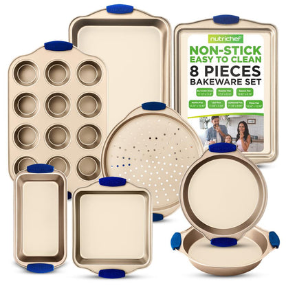 8-Piece Nonstick Bakeware Set - Easy Release Carbon Steel, Blue Handles