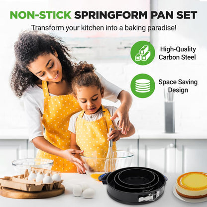 3-Piece Nonstick Springform Pan Set, Easy Release, Carbon Steel, Black