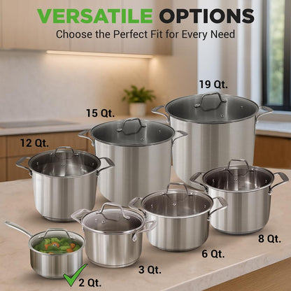 2 Quart Stainless Steel Saucepan - Even Heat, Tempered Glass Lid