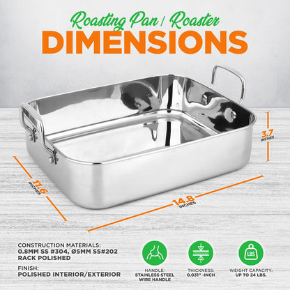 14" Stainless Steel Roasting Pan, Warp Resistant, Polished Rack