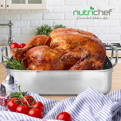 14" Stainless Steel Roasting Pan, Warp Resistant, Polished Rack