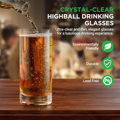 Highball Glasses Set 4, Durable Crystal, 14.2oz, Tall, Clear