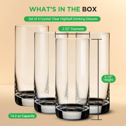 Highball Glasses Set 4, Durable Crystal, 14.2oz, Tall, Clear
