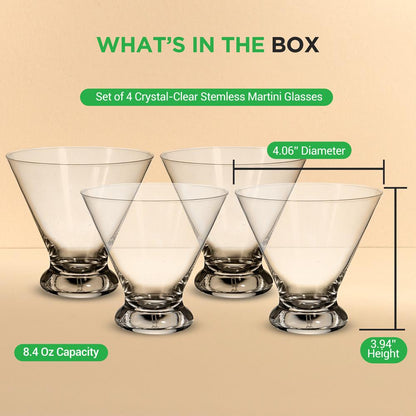 4 Martini Glasses Set, Lead-Free Crystal, Shatter-Resistant, 8.4oz