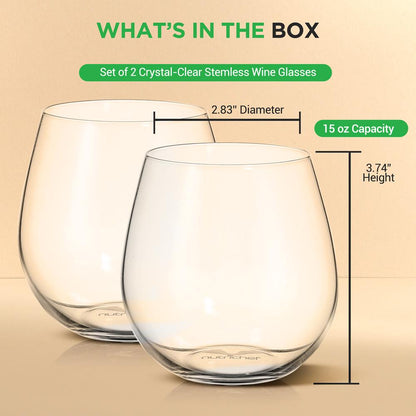 Stemless Wine Glasses Set of 2, Shatter-Resistant Crystal, 15 Oz