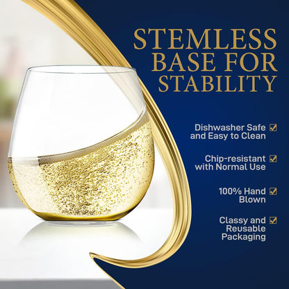 Stemless Wine Glasses Set of 4 - Elegant Crystal, Shatter-Resistant, Clear