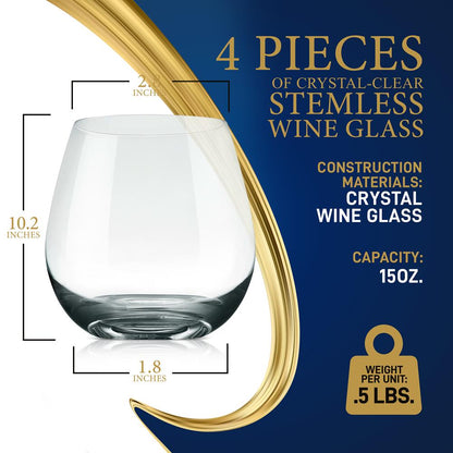 Stemless Wine Glasses Set of 4 - Elegant Crystal, Shatter-Resistant, Clear