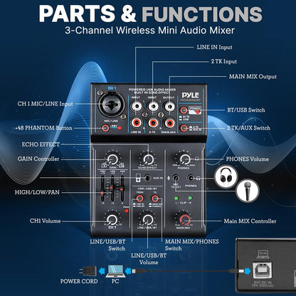 3-Channel Wireless DJ Mixer - Bluetooth 5.0, USB Interface, Phantom Power