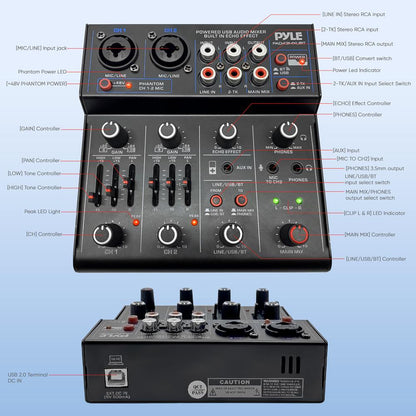Wireless 4-Channel Audio Mixer - Bluetooth, USB Interface, Echo Effect