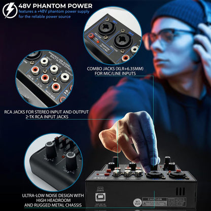 Wireless 4-Channel Audio Mixer - Bluetooth, USB Interface, Echo Effect