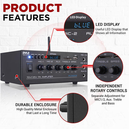 40W Compact PA Amplifier with Mic Inputs and Bluetooth