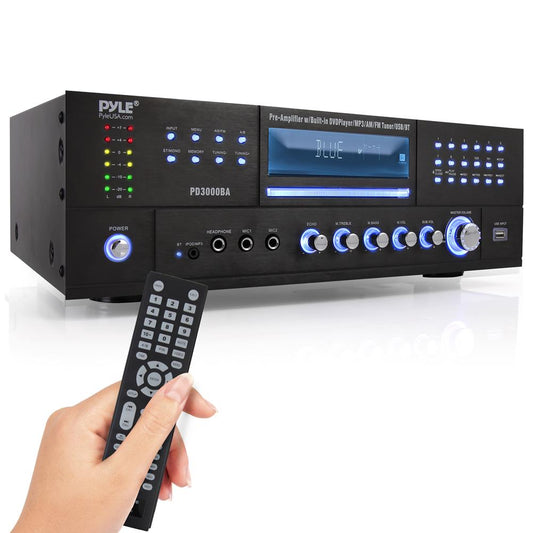 4-Channel Bluetooth Amplifier 3000W Peak, CD/DVD Player, FM Radio