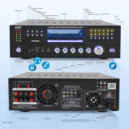 4-Channel Bluetooth Amplifier 3000W Peak, CD/DVD Player, FM Radio