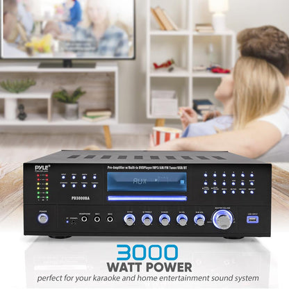 4-Channel Bluetooth Amplifier 3000W Peak, CD/DVD Player, FM Radio