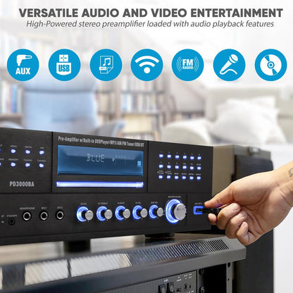 4-Channel Bluetooth Amplifier 3000W Peak, CD/DVD Player, FM Radio