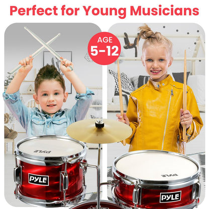 Kids Drum Set 3-Piece Beginner Kit, Metallic Finish, Adjustable Throne, Red