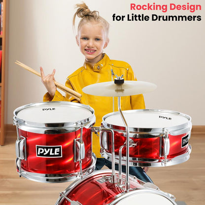 Kids Drum Set 3-Piece Beginner Kit, Metallic Finish, Adjustable Throne, Red