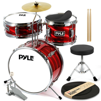 Kids Drum Set 3-Piece Beginner Kit, Metallic Finish, Adjustable Throne, Red