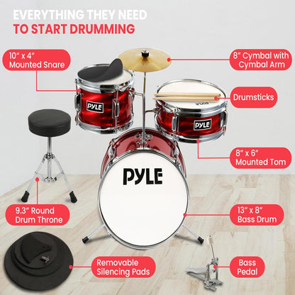 Kids Drum Set 3-Piece Beginner Kit, Metallic Finish, Adjustable Throne, Red