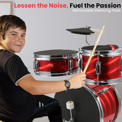 Kids Drum Set 3-Piece Beginner Kit, Metallic Finish, Adjustable Throne, Red