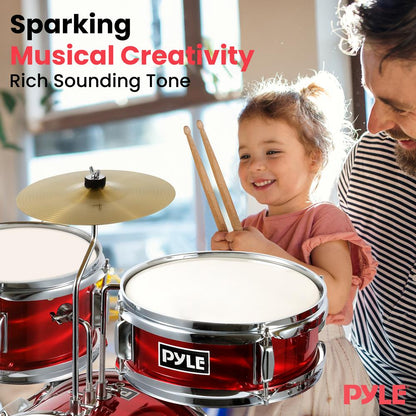 Kids Drum Set 3-Piece Beginner Kit, Metallic Finish, Adjustable Throne, Red