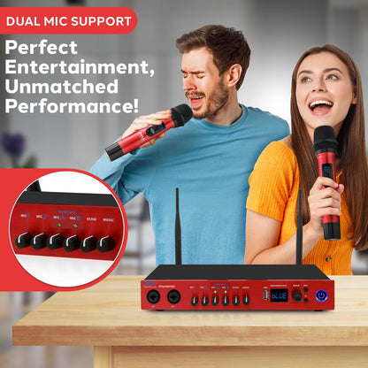 UHF Wireless Microphone System 165ft Range Bluetooth Red