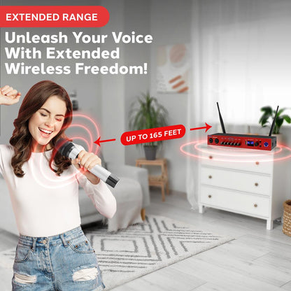 UHF Wireless Microphone System 165ft Range Bluetooth Red